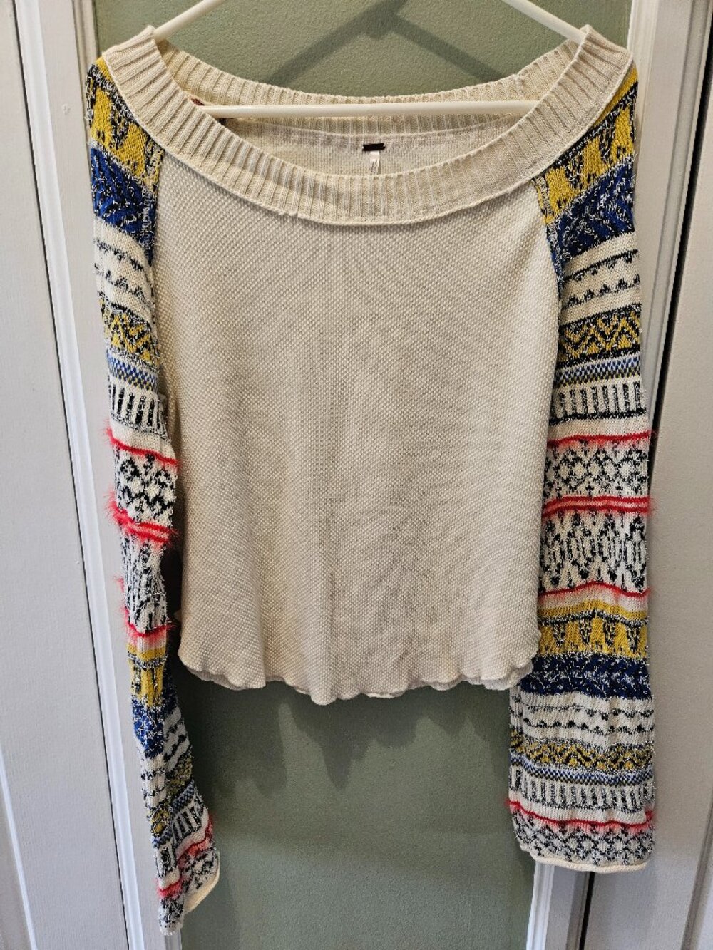 Free People Fairground Thermal Top Large L Boho Shirt Bell Ivory Beige Casual
